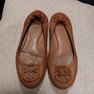 Tory Burch Reve Tumbled Brown Leather Ballet Flats Wmn's Sz 7